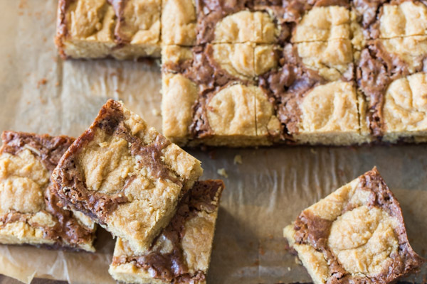 Peanut Butter Cookie Brownies cut into squares. 