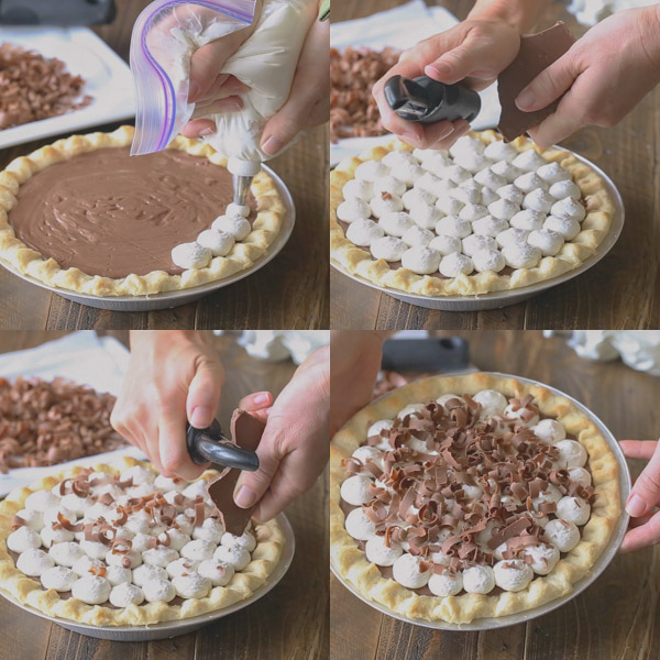 A group of four photos showing the Homemade Chocolate Pudding Pie being topped with whipped cream and milk chocolate curls.  