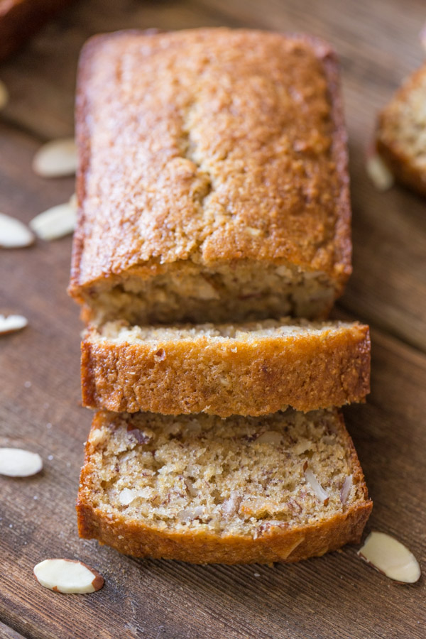 Healthier Banana Bread mini loaf that has been sliced.  