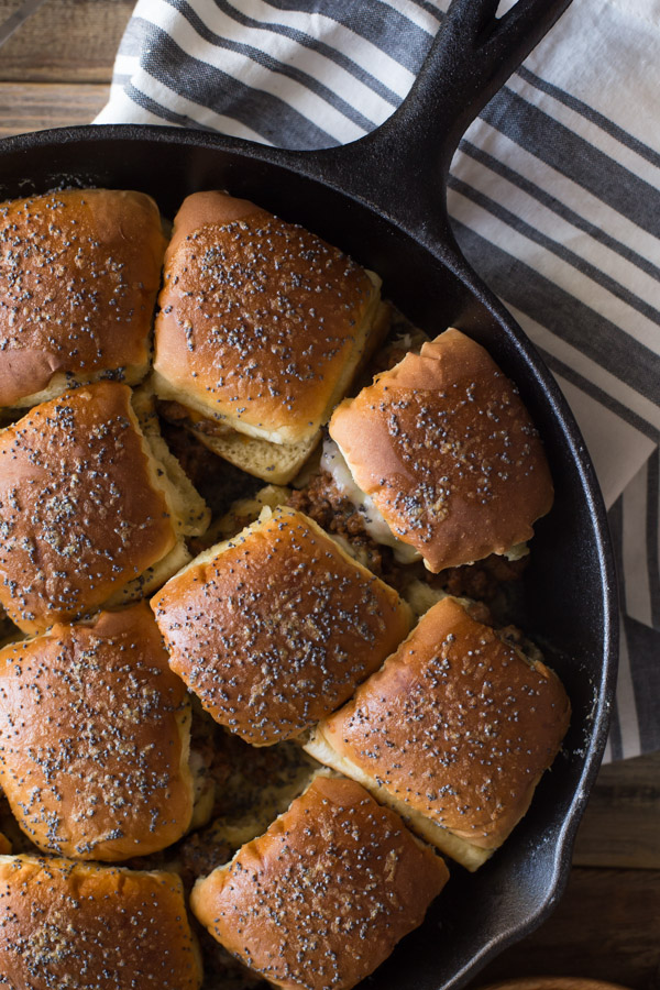 Party Bun Style Sloppy Joes in a cast iron skillet.