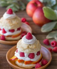 Raspberry Peach Shortcakes - My favorite sweet, buttery, flakey biscuits filled with juicy, ripe peaches, fresh raspberries, and homemade whipped cream.