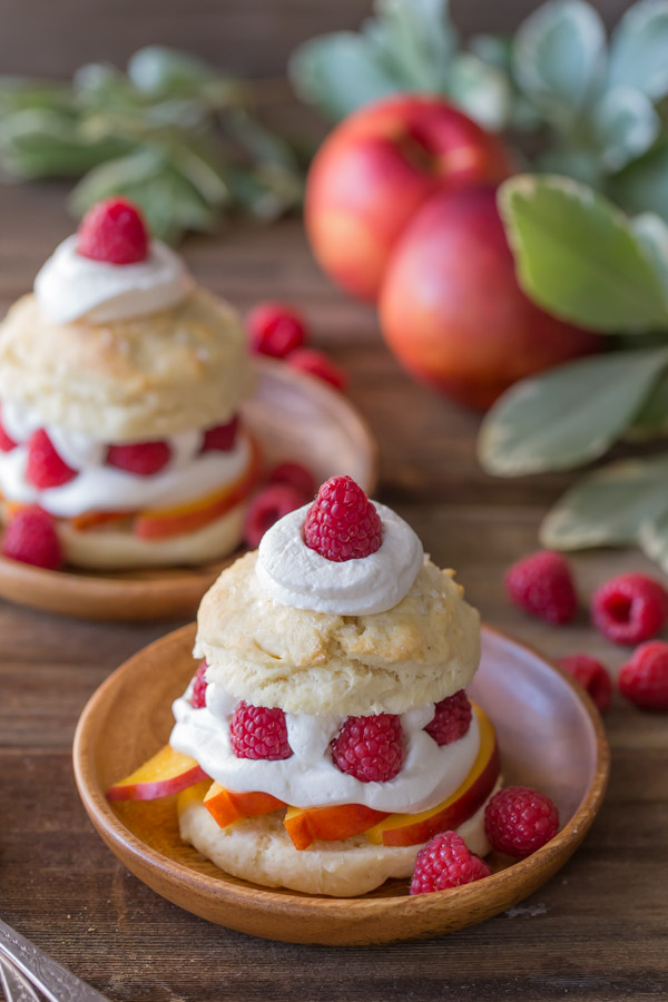 Raspberry Peach Shortcakes assembled on wood plates, with raspberries and whole peaches in the background. 