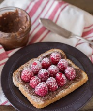 Chocolate Hazelnut Raspberry Toast - Homemade chocolate hazelnut spread on toast with fresh raspberries and powdered sugar.