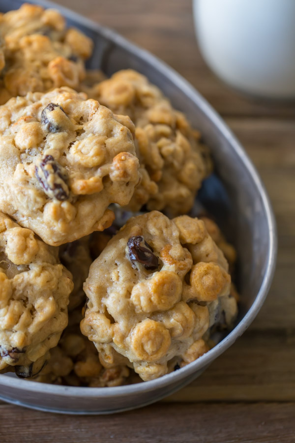 Healthy Breakfast Cookies piled into a galvanized metal bowl.  