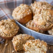 Banana Muffins With Almond Oat Streusel Topping - Soft, fluffy banana muffins made with Greek yogurt and coconut oil - super quick and easy too!