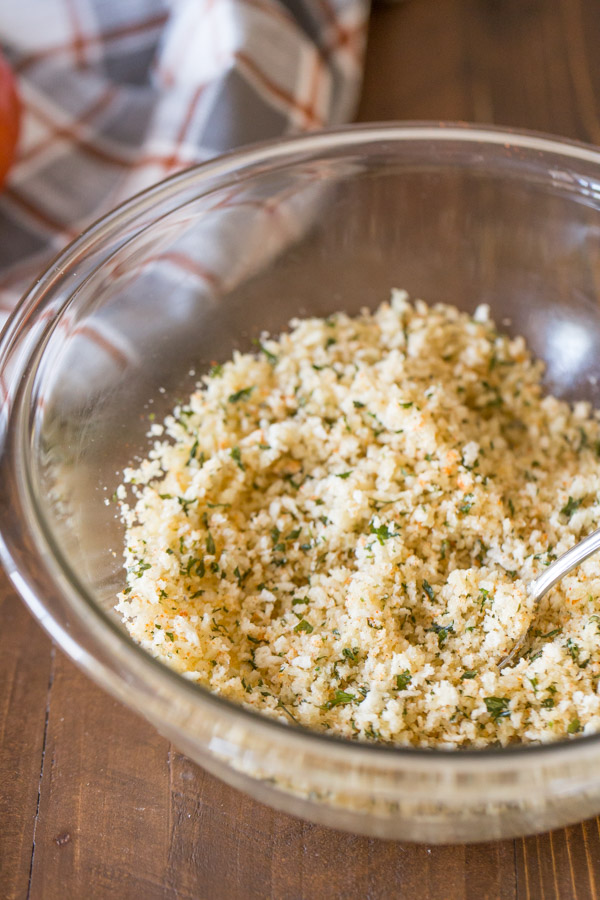 A bowl of butter coated, spiced Panko bread crumbs for the Smoked Chili Sweet Potato Gratin.