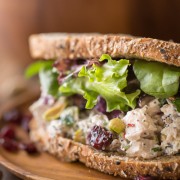 Cranberry Pistachio Chicken Salad Sandwich - Lightened up chicken salad with tangy sweet dried cranberries and crunchy pistachios!