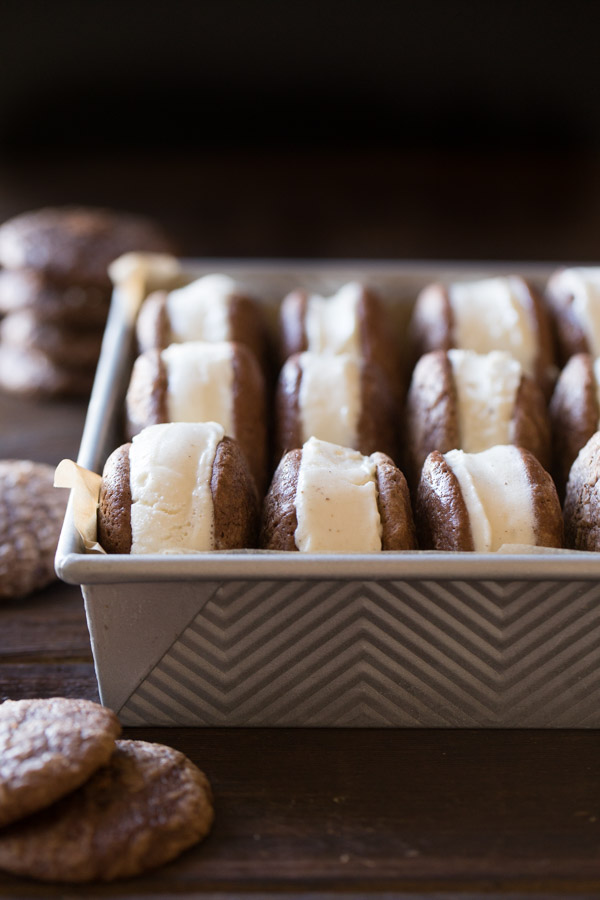 A pan full of Brownie Cookie Ice Cream Sandwiches made with the Soft and Chewy Brownie Cookies.