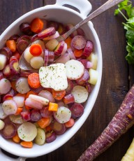 Honey Roasted Rainbow Carrots - A beautiful trio of purple, white, and orange carrots roasted to tender perfection and finished off with honey and butter.