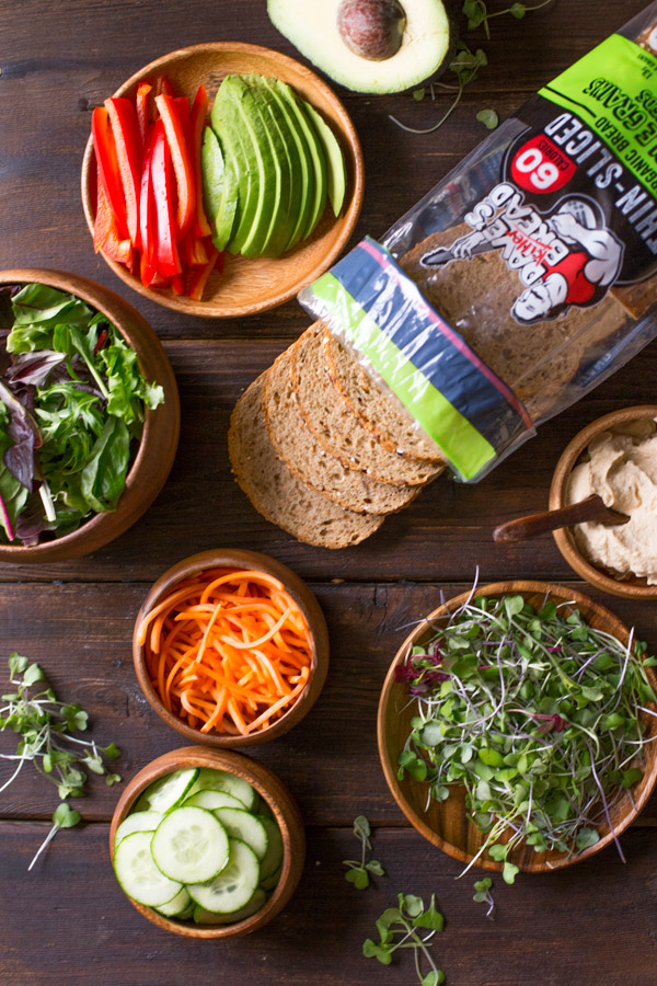 All the ingredients sliced and ready to assemble the Power Veggie Sandwich.