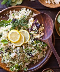 White Bean Couscous Salad With Lemon Vinaigrette - Baby greens, Israeli couscous, feta, dill, white beans, cucumber and pepitas make this salad light, fresh and healthy!
