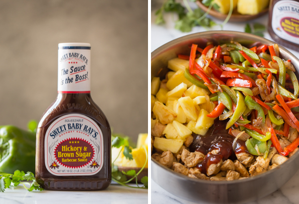 Two pictures side by side - One of a bottle of Sweet Baby Ray’s Hickory and Brown Sugar Barbecue Sauce with a green pepper and pineapple chunks in the background, and the other of a large skillet with all the ingredients for the BBQ Chicken Fajitas in it. 