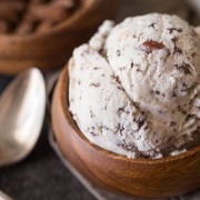 Dark Chocolate Almond Ice Cream - Homemade almond flavored ice cream with delicate flecks of dark chocolate and roasted, salted almonds!