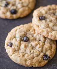 Blueberry White Chocolate Chip Cookies - A delightfully chewy cookie with dried blueberries, white chocolate chips, toasted coconut, and hearty oats!