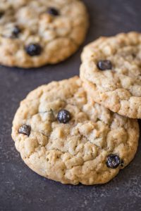 Blueberry White Chocolate Chip Cookies - A delightfully chewy cookie with dried blueberries, white chocolate chips, toasted coconut, and hearty oats!
