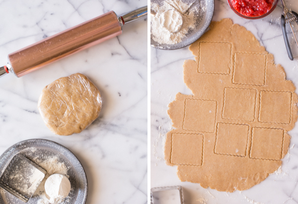 Step by step pictures - A picture of the crust dough wrapped in plastic, sitting by a rolling pin and a plate with a square cookie cutter and a measuring cup of flour, and a picture of the crust dough with square cuts, with the filling and a cookie scoop next to it.  
