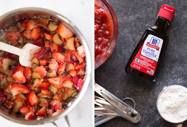 Step by step pictures - A picture of a pan with strawberries, rhubarb, sugar, orange juice and tapioca and a spatula, and a picture of bottle of McCormick Pure Vanilla Extract sitting next to a bowl of the strawberry rhubarb filling, some measuring spoons and a measuring cup of flour. 