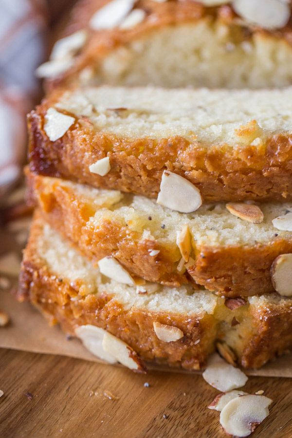 Glazed Almond Poppy Seed Bread sliced.  