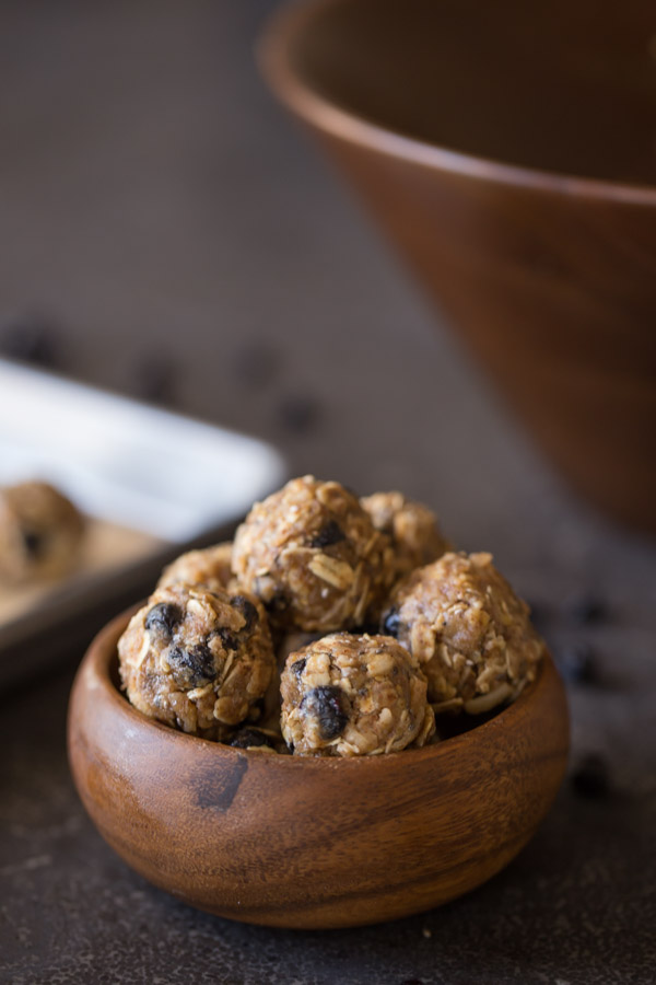 Blueberry Muffin Energy Bites in a small wood bowl.  