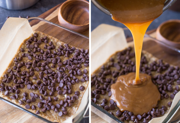 Two step pictures - the first showing the chocolate chips spread on top of the oatmeal mixture crust, and the second showing the caramel being poured on top of the chocolate chip layer.  