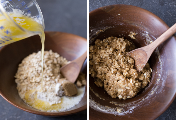 Two step pictures - the first showing the melted butter being poured into the bowl of brown sugar, flour, oats, and baking soda and the second is of all those ingredients mixed together. 