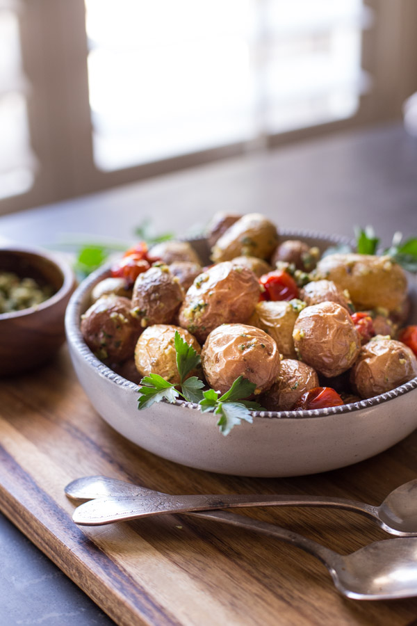 Roasted Baby Potatoes With Pesto in a serving bowl.  