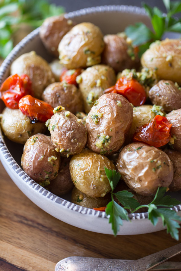 Roasted Baby Potatoes With Pesto in a serving bowl. 
