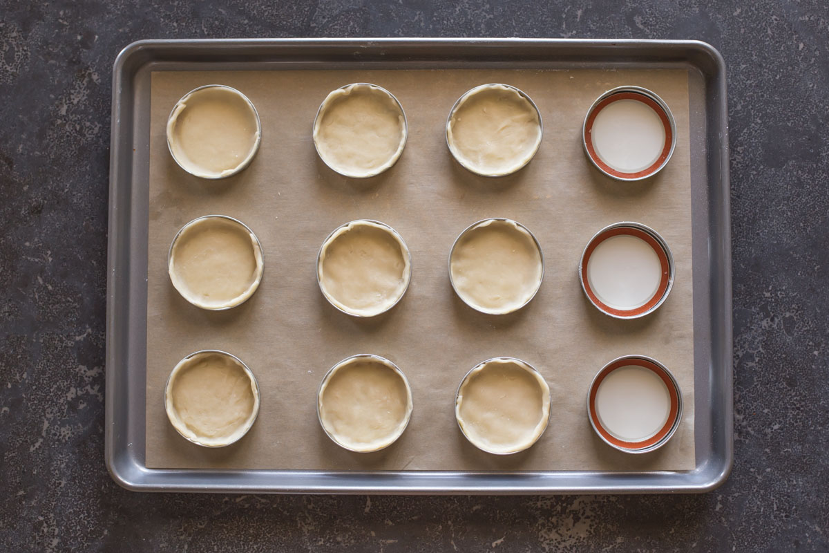Mason jar lids arranged on a parchment paper lined baking sheet, with the pie dough in some of the lids. 