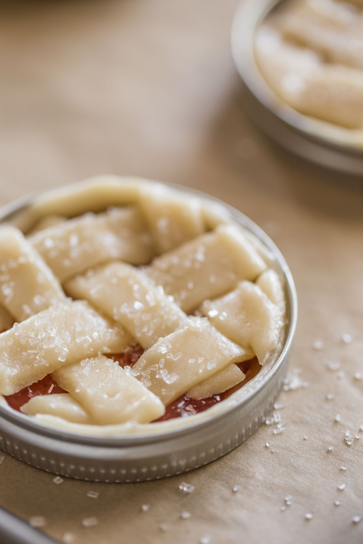 A Mini Mason Jar Lid Strawberry Pie before baking. 