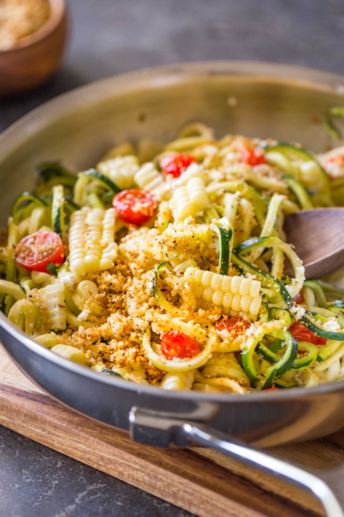 Sweet corn cut off the cob, red ripe tomatoes, and zucchini are the stars in my latest obsession. Topped with creamy feta and toasted Panko, this dish offers the best of the best!