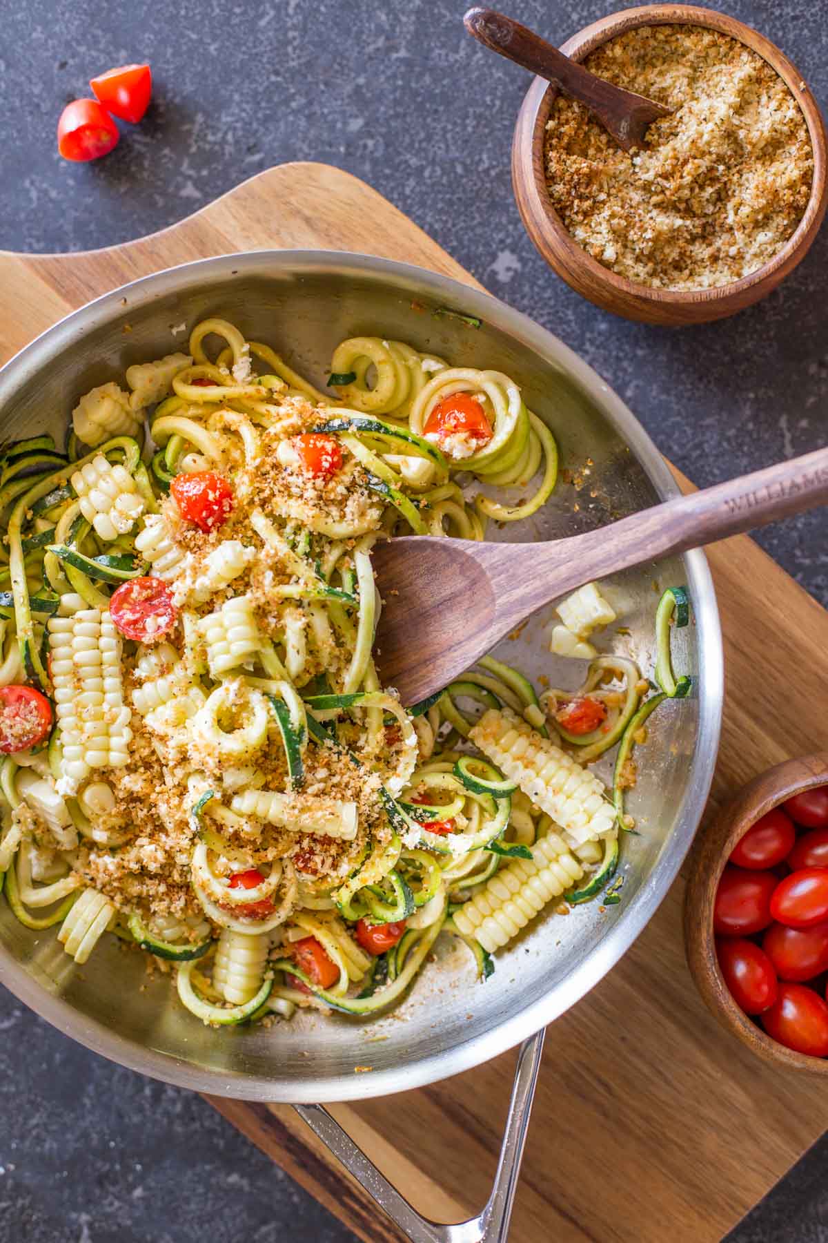 Sweet corn cut off the cob, red ripe tomatoes, and zucchini are the stars in my latest obsession. Topped with creamy feta and toasted Panko, this dish offers the best of the best!