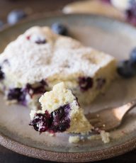 A lovely little snack cake that is slightly sweet with a tender crumb and lots of juicy blueberries!
