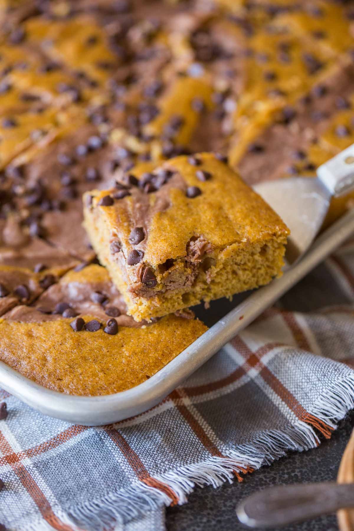 Chocolate-Swirled Pumpkin Bars cut in a baking pan with a serving spatula under one of the bars.