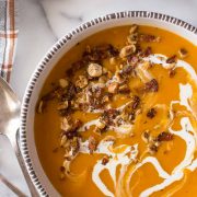Roasted butternut squash and sweet potatoes, onions, bacon, sage, toasted hazelnuts and a delicate drizzle of heavy cream. This soup is downright luxurious.