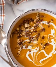 Roasted butternut squash and sweet potatoes, onions, bacon, sage, toasted hazelnuts and a delicate drizzle of heavy cream. This soup is downright luxurious.