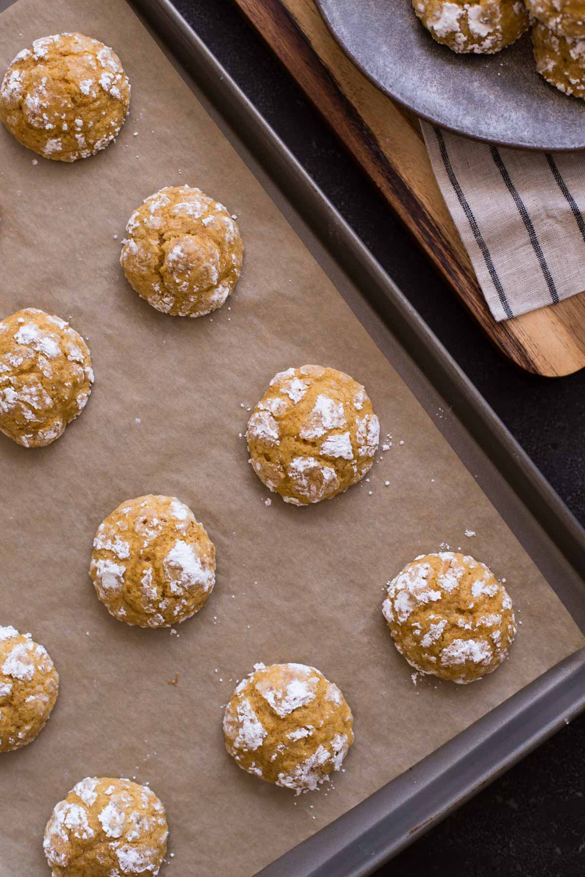 Soft Pumpkin Cookies on a baking sheet. 