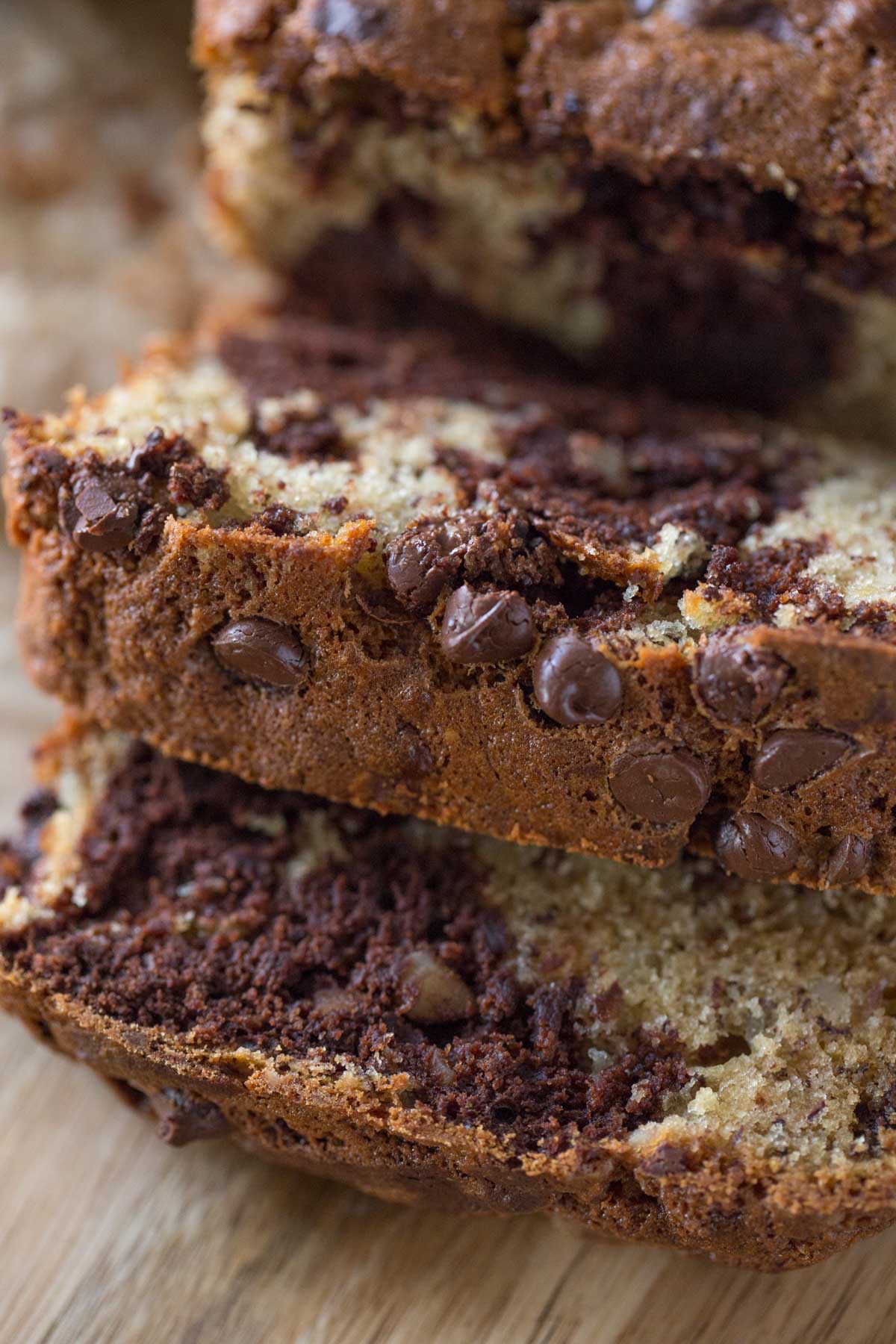 Slices of Marbled Chocolate Banana Bread.  