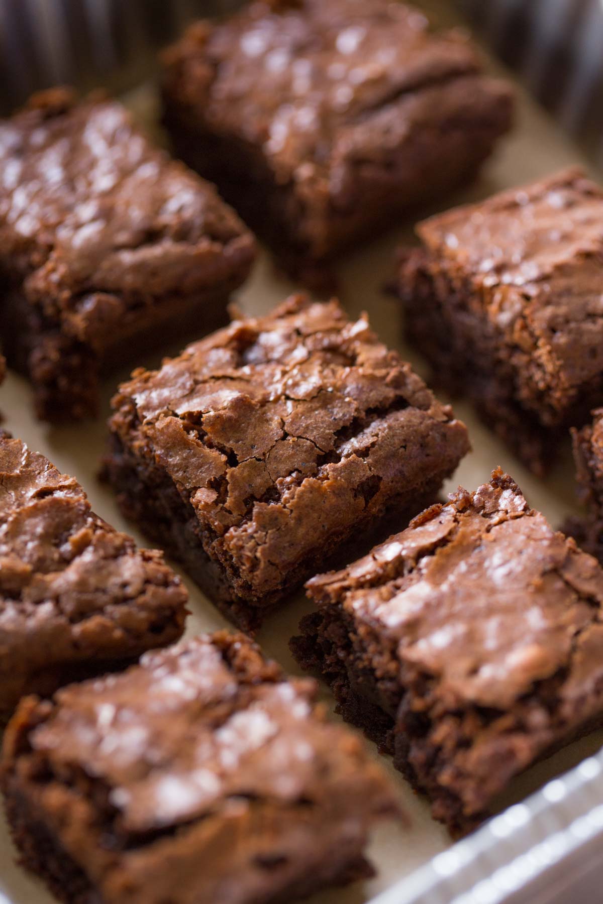 A pan of Extra Thick and Fudgy Homemade Brownies cut into squares. 