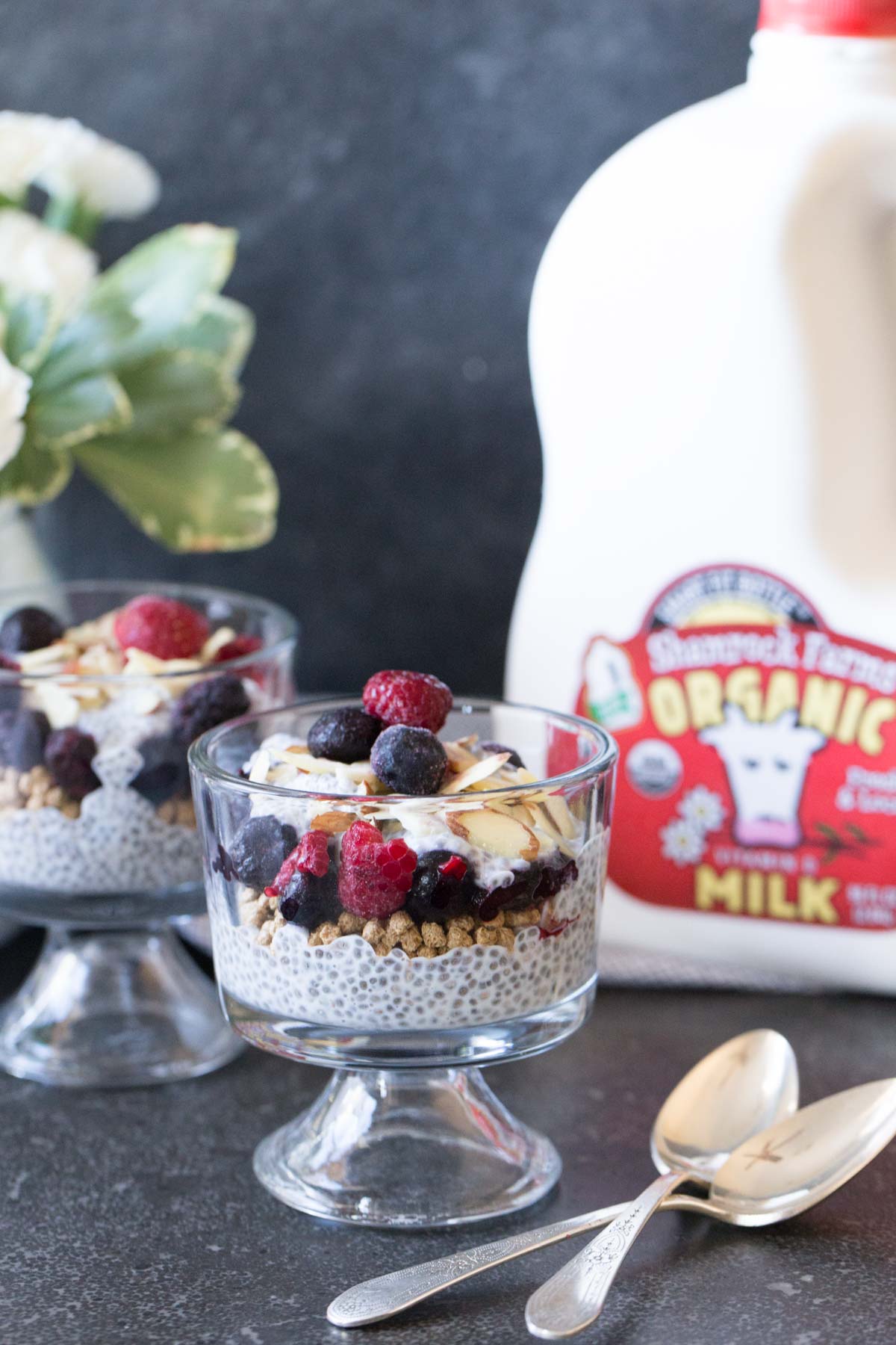 Chia Pudding Parfaits assembled in two small glass dishes, with two spoons next to them and a milk jug in the background. 