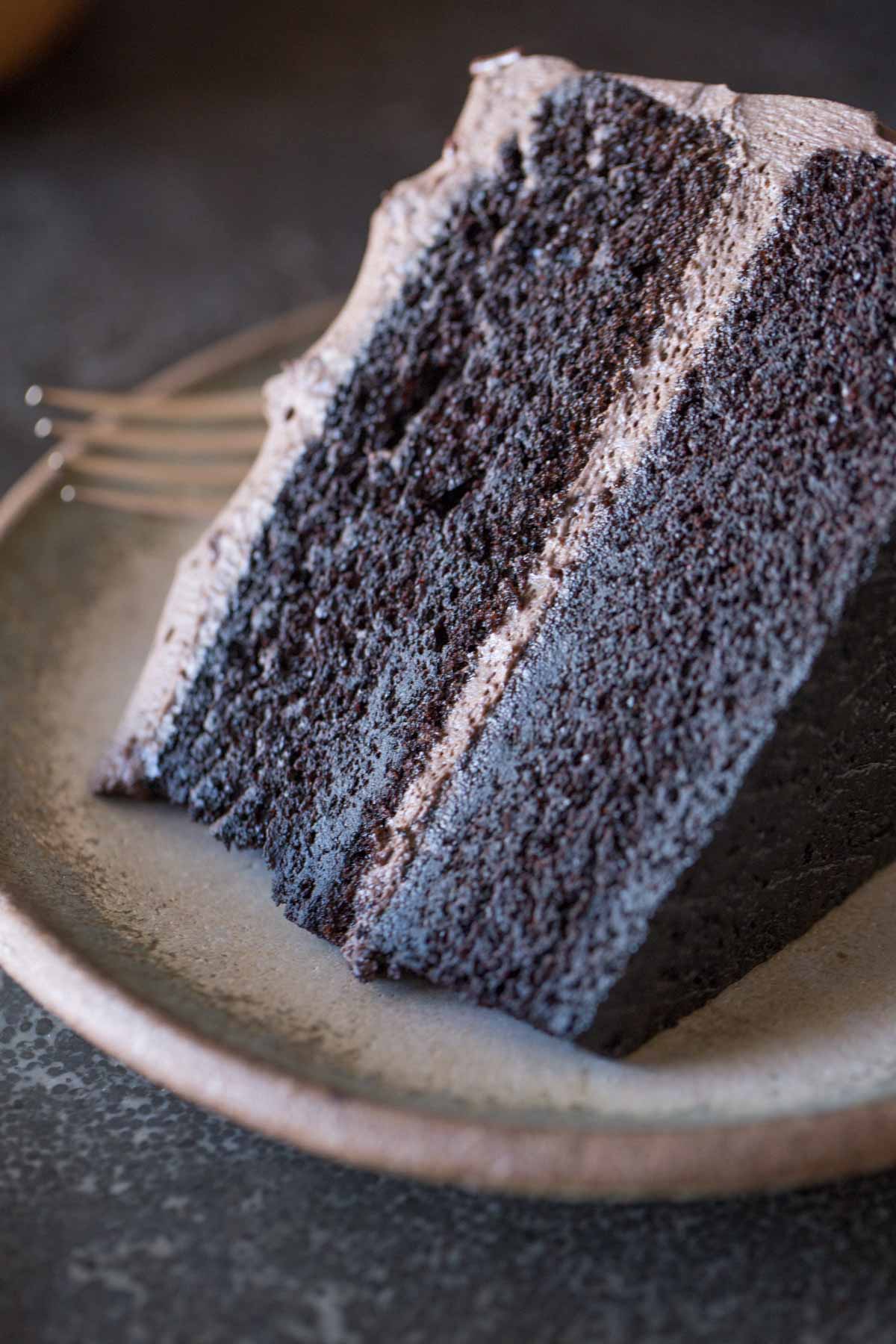 A slice of Dark Chocolate Cake With Whipped Cream Frosting on a plate with a fork. 