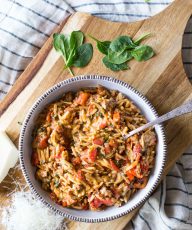 The whole family will love this One Pot Creamy Tomato Orzo made with turkey sausage, fire roasted tomatoes, red peppers, spinach, cheese and whole wheat pasta!