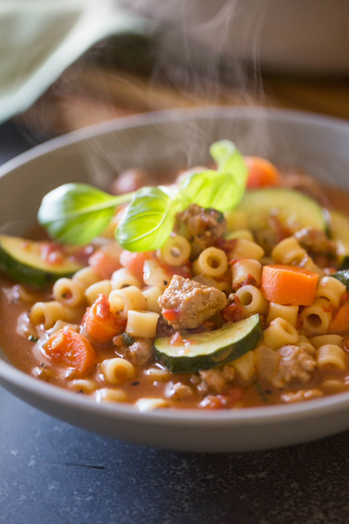 Turkey and Vegetable Ditalini Soup in a bowl.  