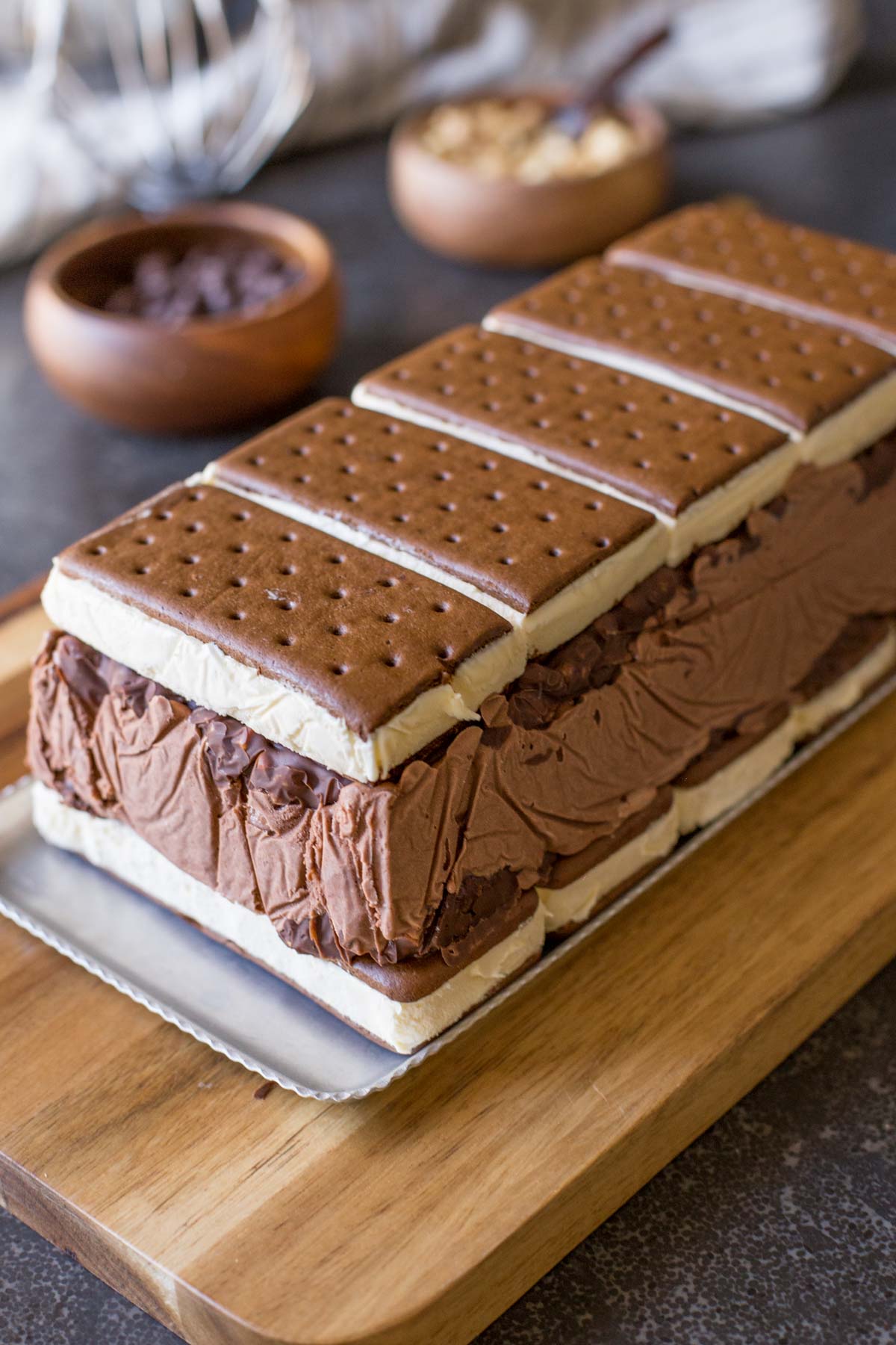 Chocolate Peanut Butter Ice Cream Slice Cake before the whipped cream layer is put on.  