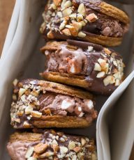 We've got a graham cracker cookie plus Rocky Road Ice Cream, a milk chocolate coating, and some crushed roasted and salted almonds!