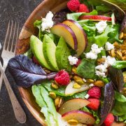 I just love my Summer Fruited Salad with Goat Cheese and Pistachio - we've got tangy, crunchy, salty, sweet, juicy, and creamy all in one fabulous bite!