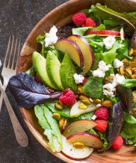 I just love my Summer Fruited Salad with Goat Cheese and Pistachio - we've got tangy, crunchy, salty, sweet, juicy, and creamy all in one fabulous bite!