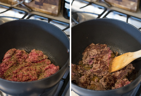 Two pictures of the ground beef in a pan being browned for the Simple Homemade Lasagna.
