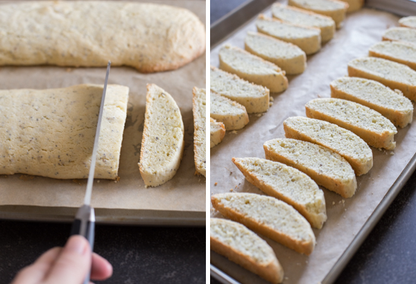 Two pictures - the first showing the Almond Poppy Seed Biscotti logs being cut into slices and the second picture showing the Almond Poppy Seed Biscotti slices arranged on a parchment paper lined baking sheet. 