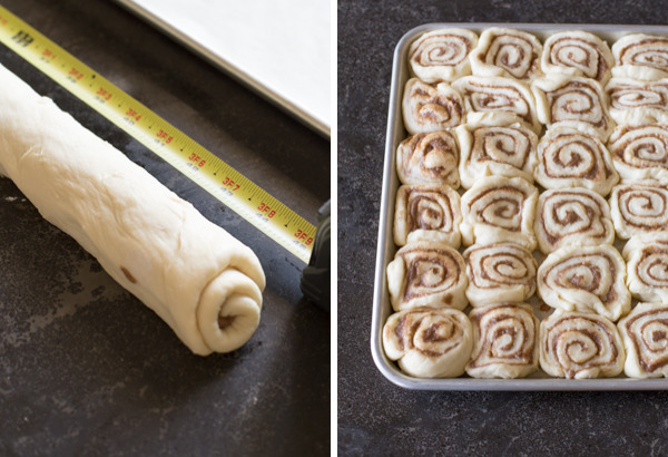 Two step by step photos for the Sheet Pan Cinnamon Rolls - the first showing the rolled up dough with a tape measure next to it, and the second showing all the cut sections of dough arranged in the sheet pan.  