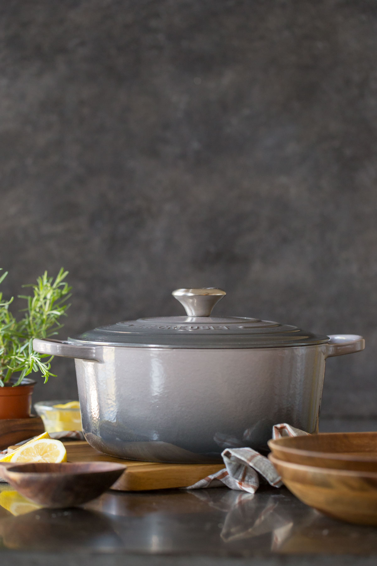 A Le Creuset Dutch oven with the lid on.  